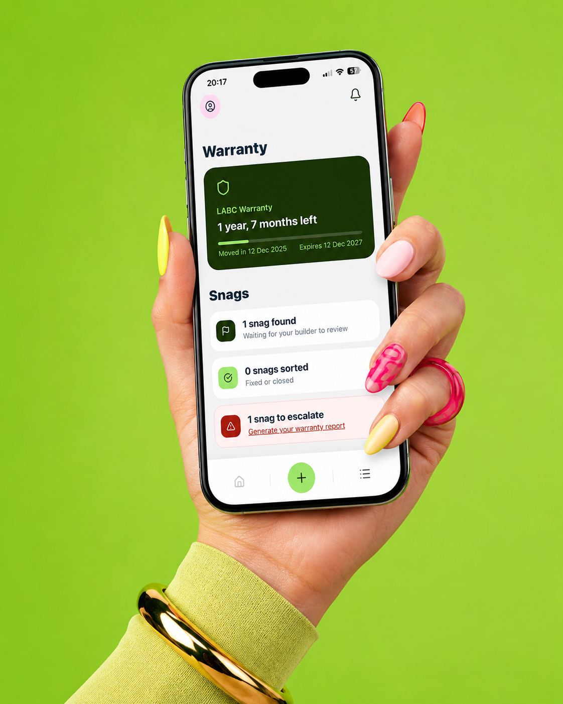 Hand holding phone with SnaggedIt app